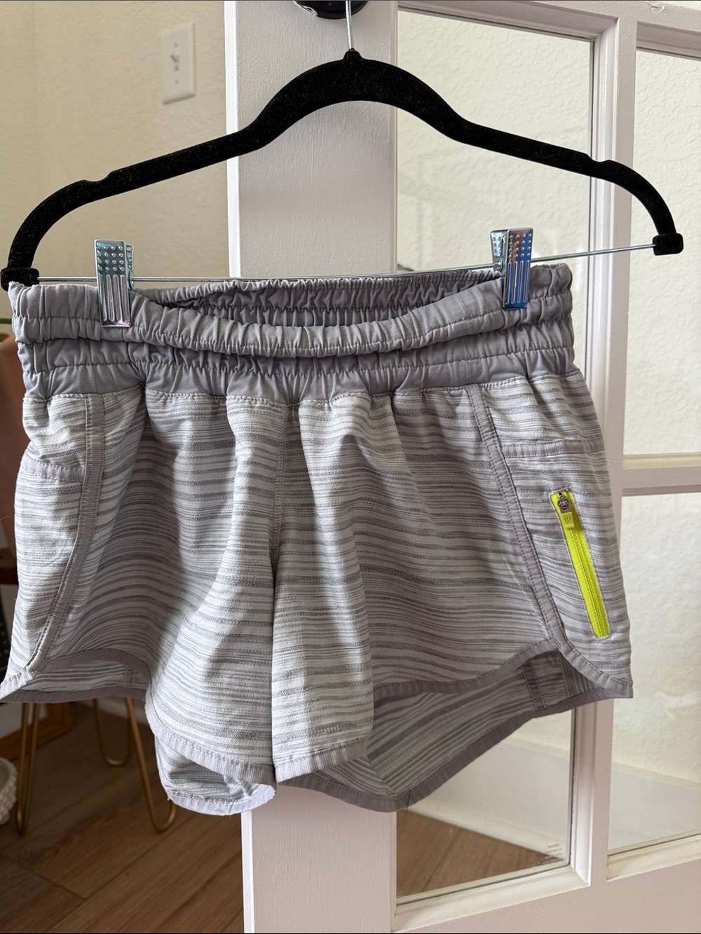 Lululemon Light Gray Women’s Athletic Shorts with Neon Zip Pocket